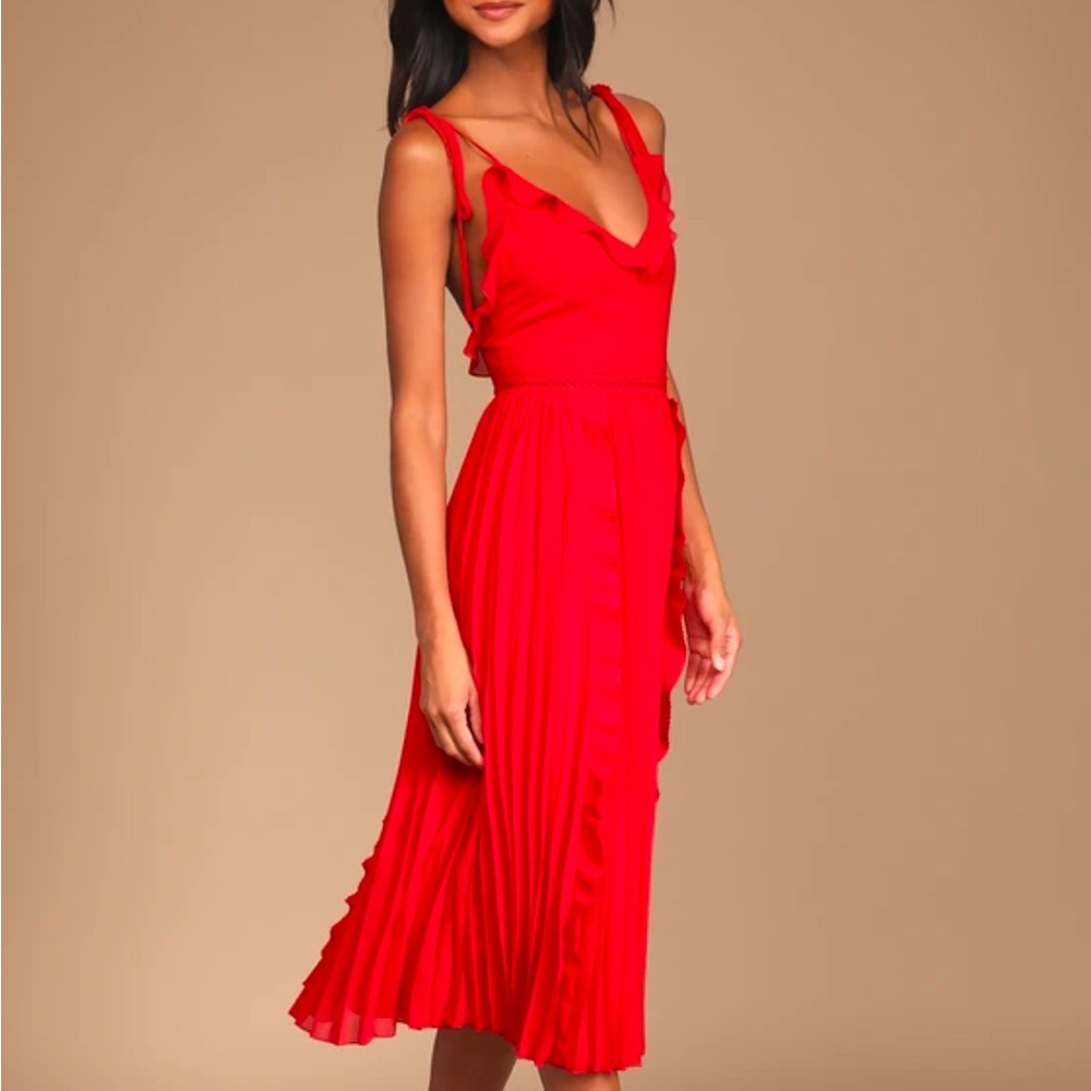 Lulu’s Never a Dull Moment Bright Red Tie-Strap Pleated Midi Dress